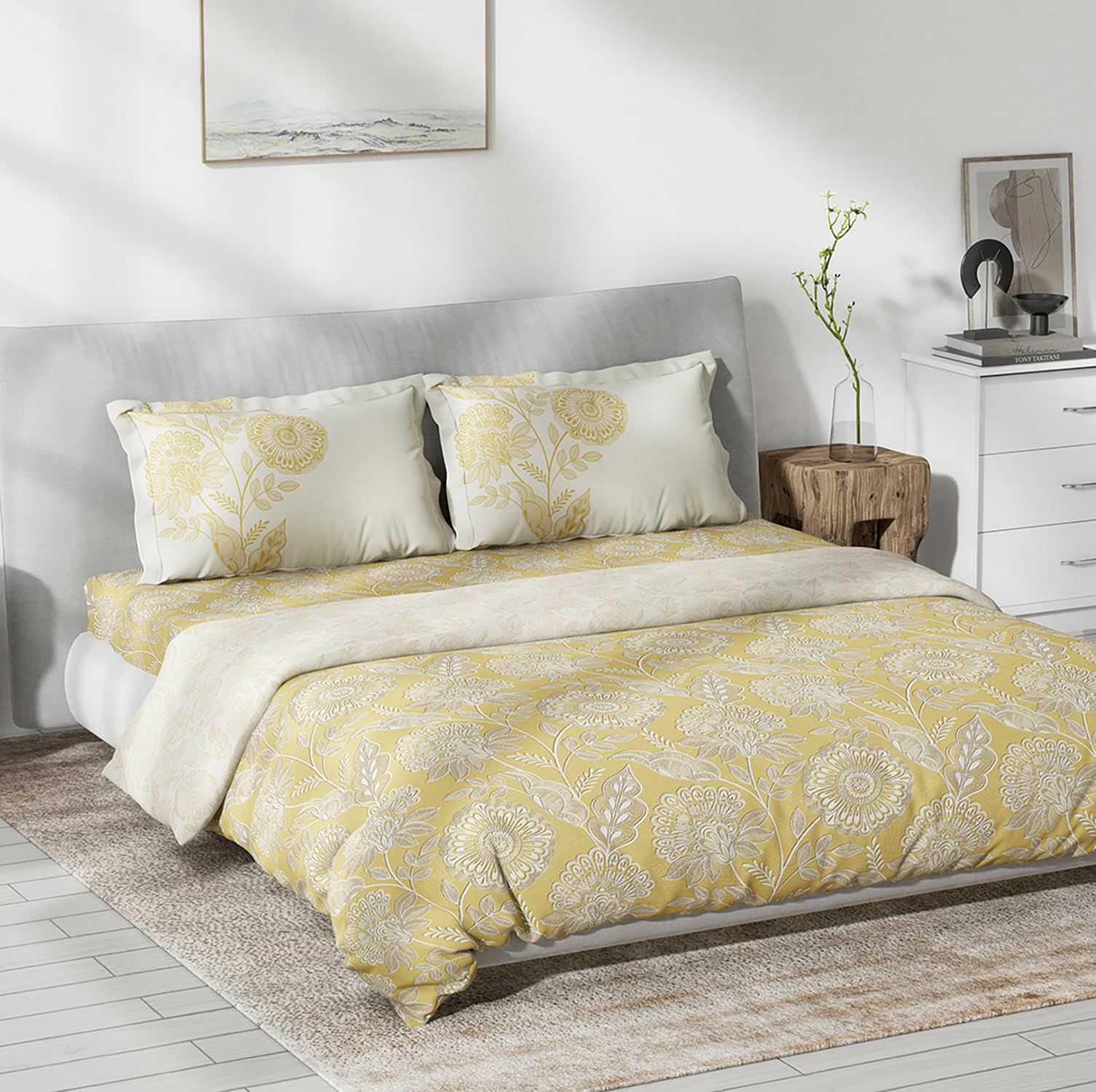 DDECOR - Primary Collection 100% Cotton Ethnic Pattern 145TC King Bedsheet |254 CM X 274 CM|, Quilt and with 2 Pillow Covers - Yellow