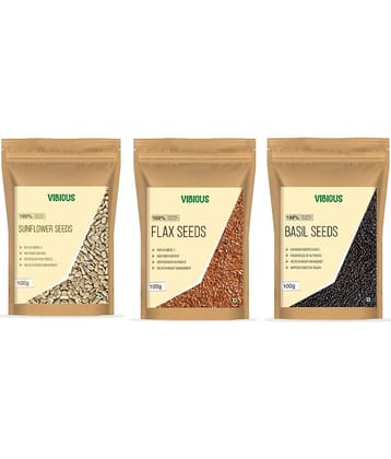 VIBIOUS Premium Grade Combo pack of 3 Edible Raw Seeds of Basil, Flax & Sunflower 300g(100gX3)