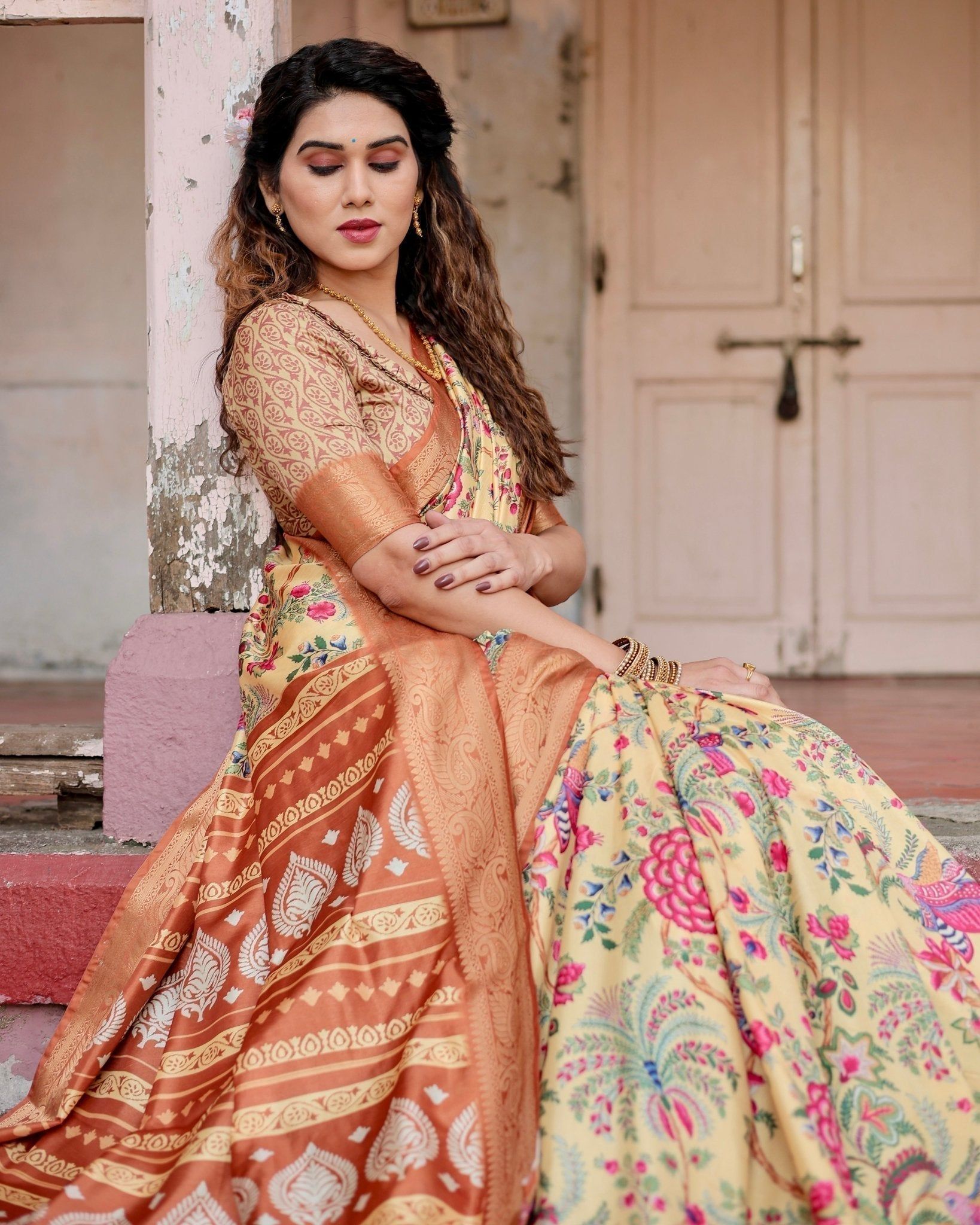 Golden Beige Tussar Silk Saree with Floral Paradise Print and Ornate Zari Border-Regular