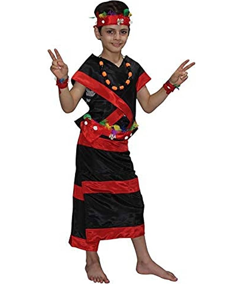 Kaku Fancy Dresses Tribal Dance Costume Red & Black, 7-8 Years, for Boys