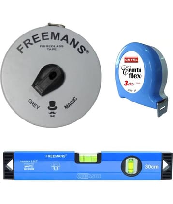 Freemans Tools Hardware Grey Magic 15 Mtr Measuring Tape/Centi Flex 3 Mtr Measuring Tape/Spirt Level 30 cm.
