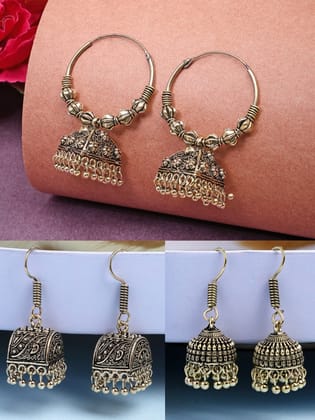 NVR Women Set of 3 Gold Plated Oxidized Contemporary Jhumka Earrings-One Size / Gold / German Silver