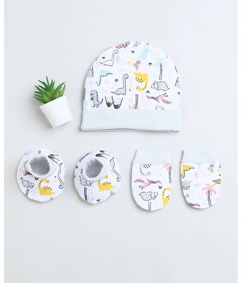 BUMZEE White & Grey Girls Cotton Cap Mitten Bootie Set Age - 0-3 Months