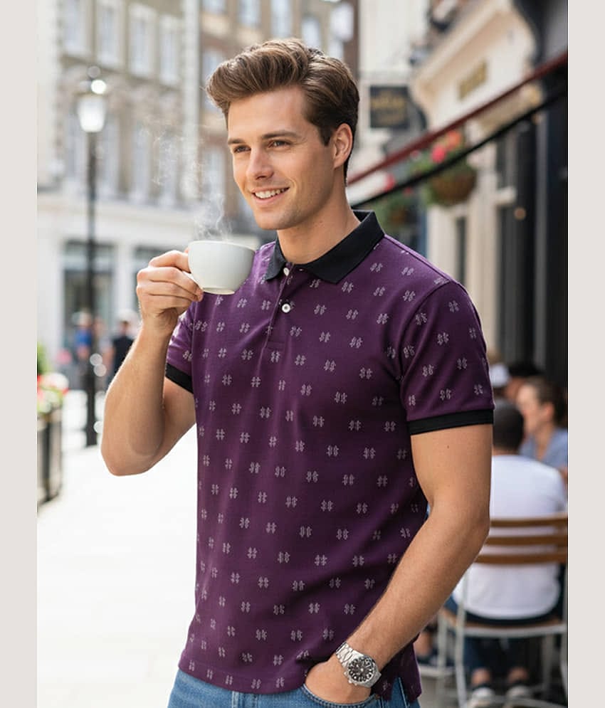 GET GOLF Men Cotton Blend Regular Fit Printed Polo T Shirt ( Purple )