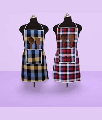 CreadCraft Cotton Checks Kitchen Apron with 1 Center Pocket ( Pack of 2 )