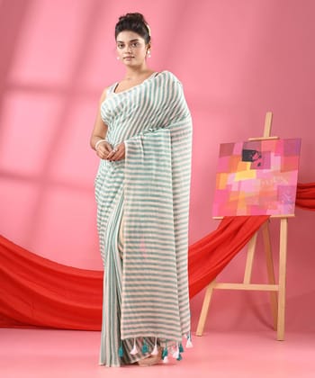 Turquoise white handloom bengal cotton saree