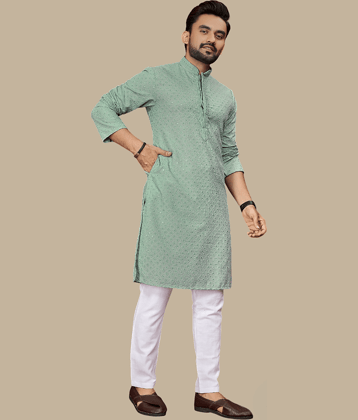 YUG ART Sea Green Cotton Regular Fit Men's Kurta Pyjama Set ( Pack of 1 )