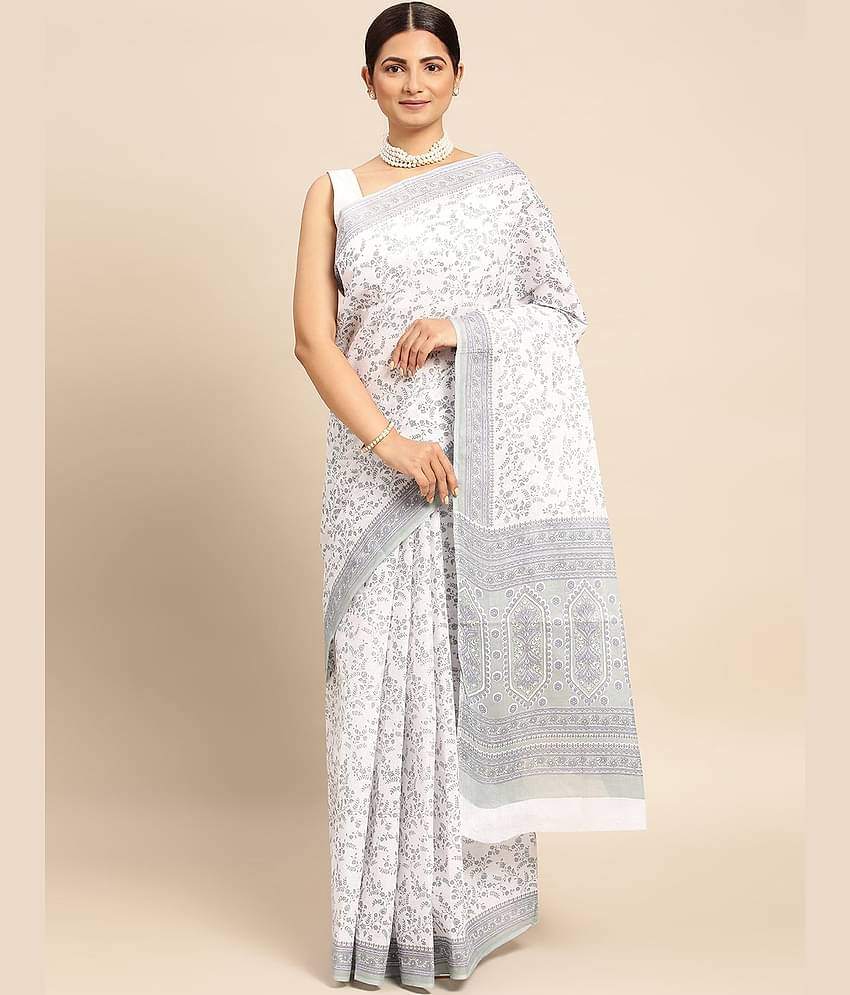 SHANVIKA Cotton Printed Saree Without Blouse Piece ( White )