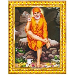 Sai Baba Shirdi Sainath Golden Mirror Photo Frame for Pooja Room 10x12 Inch  (Wood) Gold