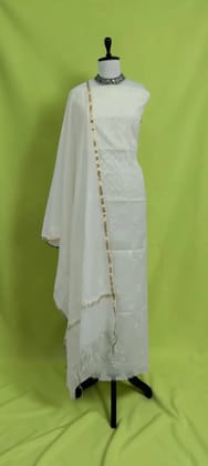 White Chikankari Mul Cotton Dress Material with Hand-Embroidered Dupatta