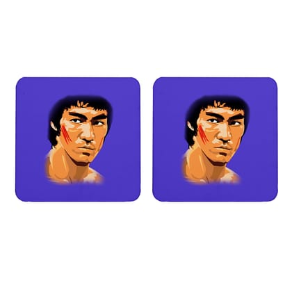 Multicolor Bruce Lee In Action Blue Baground Set Of 2 Square Wooden Coaster