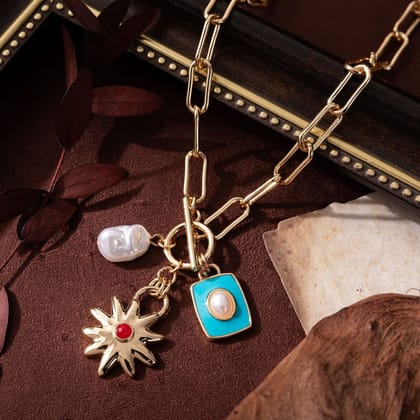 Star Sun 18K Gold Blue Pearl Enamel Anti Tarnish Link Chain Necklace For Women