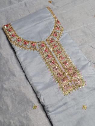 Light Blue Colour Chanderi Cotton Zari Work Unstitched Suit Fabric with Dupatta-Free Size / Light Blue
