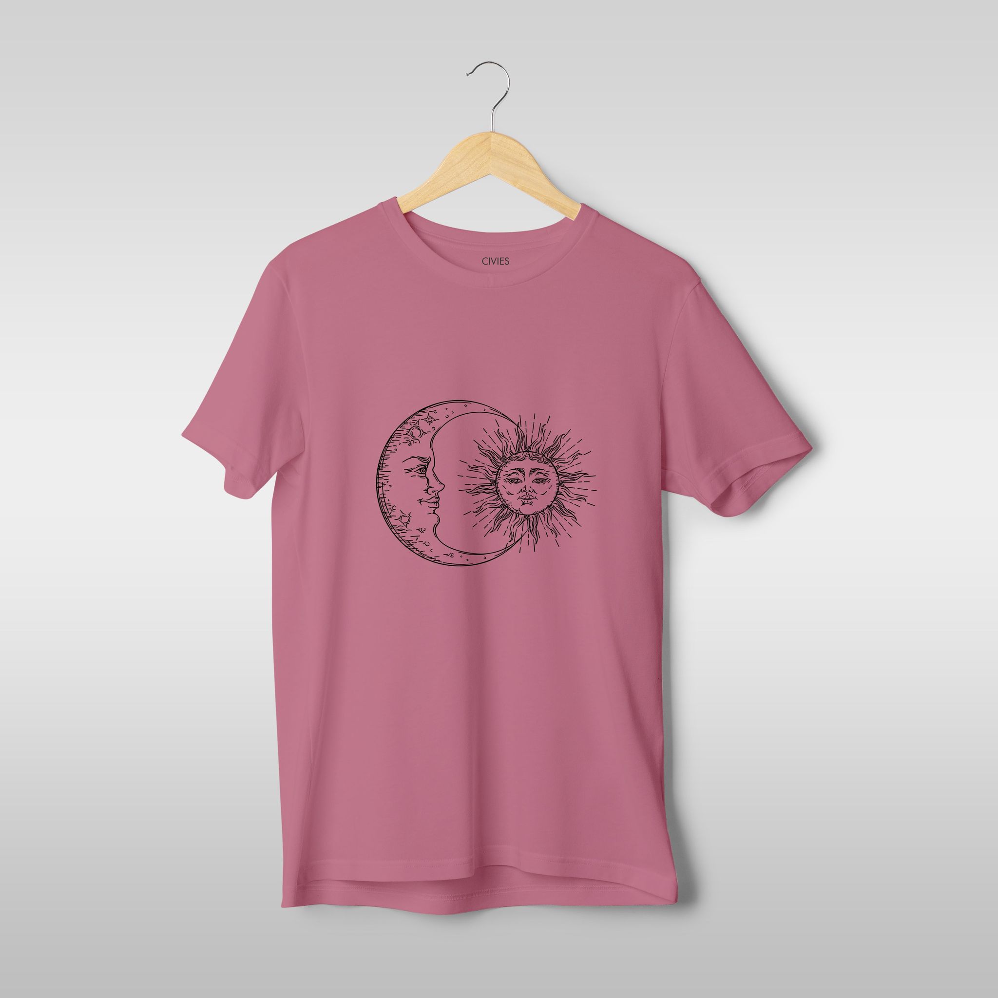 Celestial Harmony: Sun & Moon Duo T-Shirt Regular Fit T-Shirt-S / Dusty Pink / 160 GSM