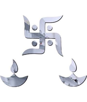 Asmi Collection Beautiful Swastik & 2 Diyas Acrylic Mirror Wall Sticker ( 15 x 15 cms )