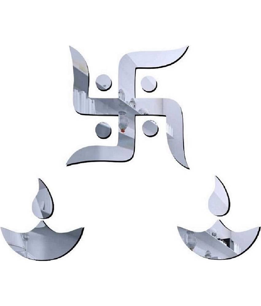 Asmi Collection Beautiful Swastik & 2 Diyas Acrylic Mirror Wall Sticker ( 15 x 15 cms )