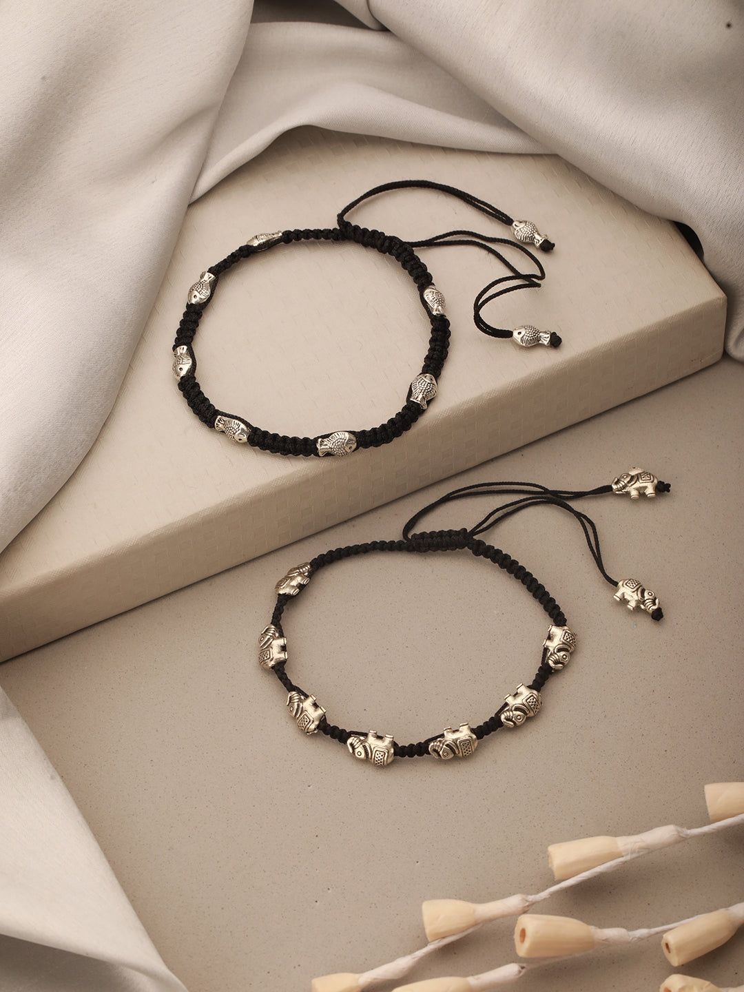 Combo of 2 Silver oxidised Charms beaded Thread Tie Up payal Anklet