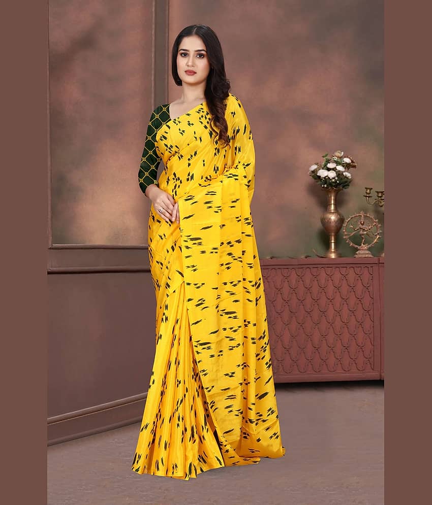 JIHANA FAB Georgette Printed Saree With Unstitched Blouse Piece ( Yellow )