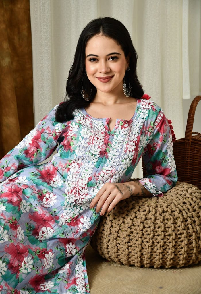 Multi color Mulmul Pure Cotton Lucknow Chikankari Kurta -Lavender