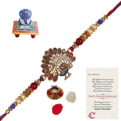 Designer Dancing Peacock Rakhi with Lord Ganesha on Marble Chowki and Roli Tikka Matki, Best Wishes Greeting Card