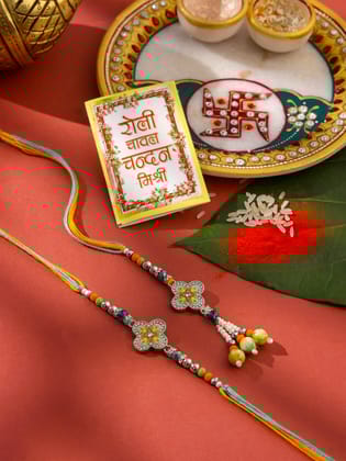 NVR Set of 2 Multicolor Artificial Stones & Beads Floral Bhaiya Bhabhi Rakhi with Roli Chawal Chandan & Mishri-One Size / Multicolor