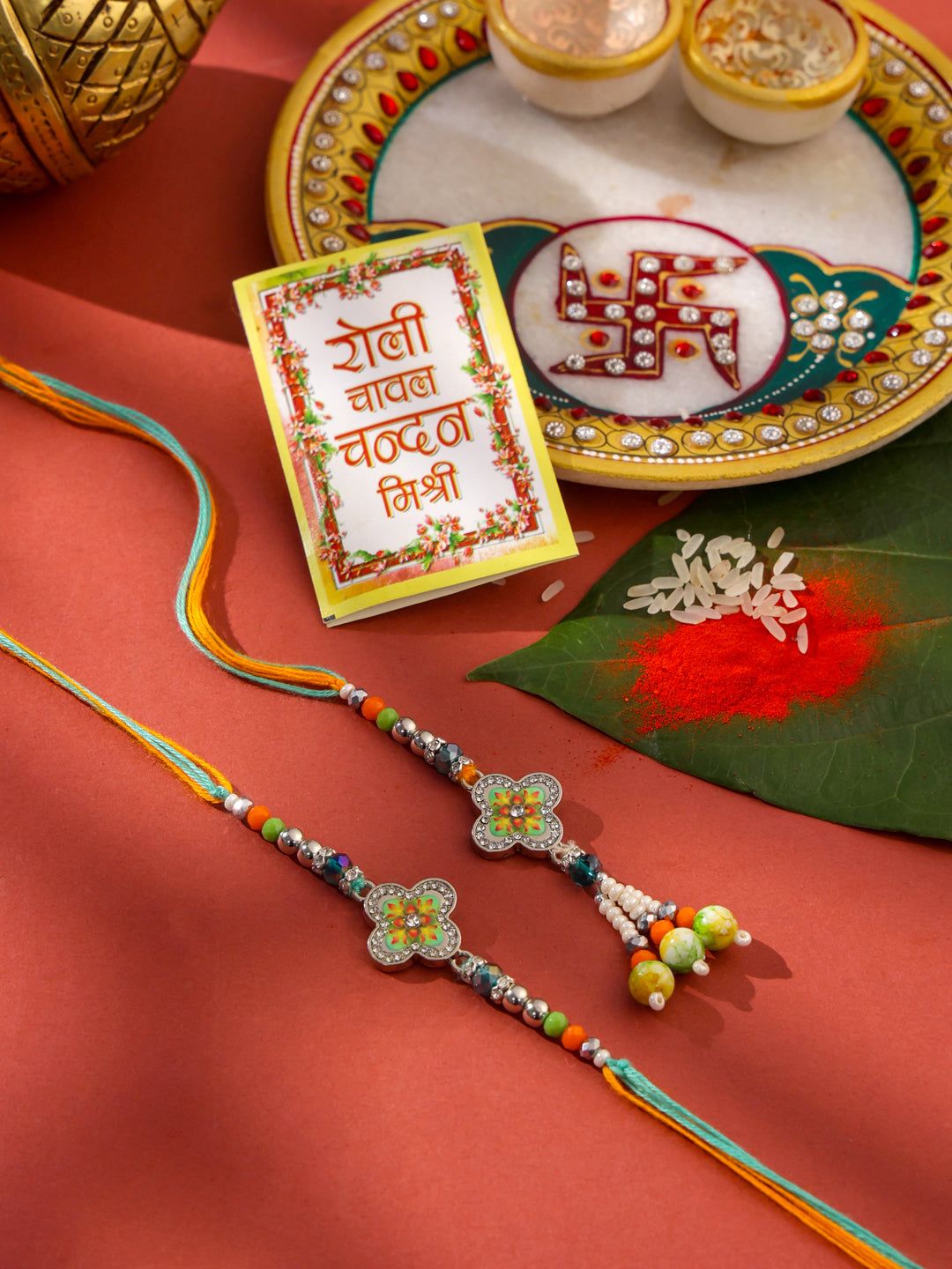 NVR Set of 2 Multicolor Artificial Stones & Beads Floral Bhaiya Bhabhi Rakhi with Roli Chawal Chandan & Mishri-One Size / Multicolor