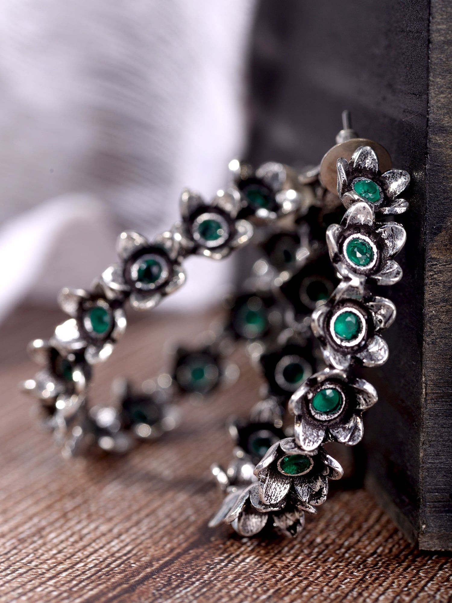 Silver Oxidised Green stone Studded Hoop Earrings