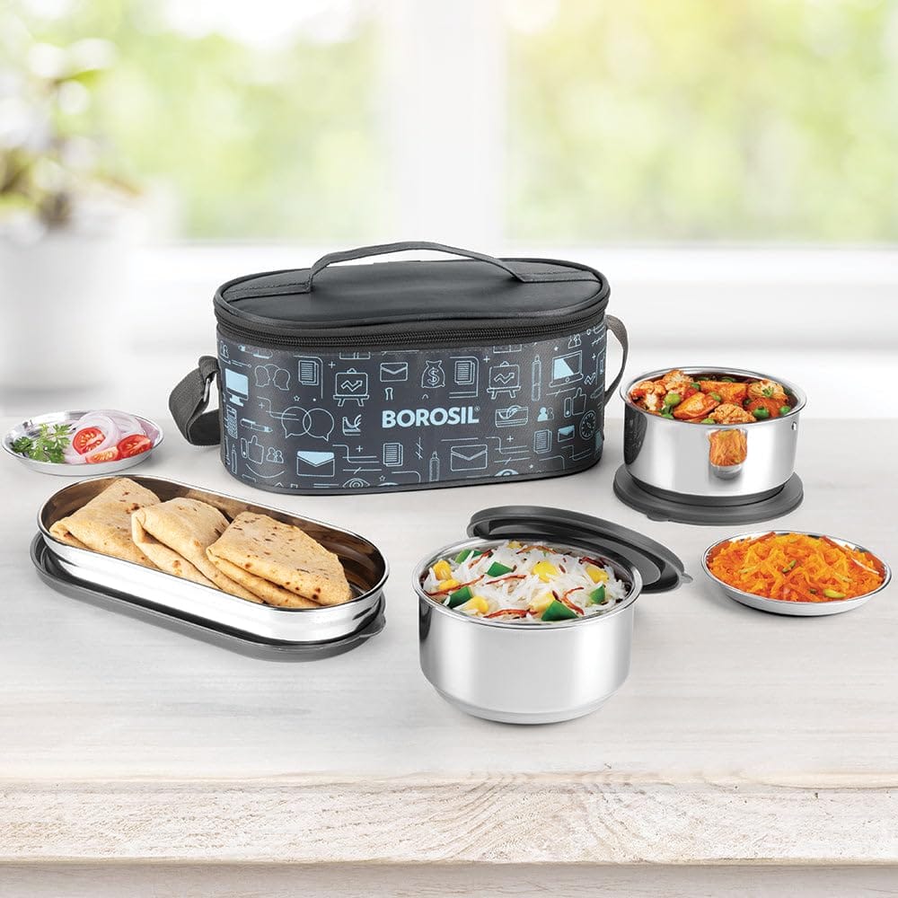 Borosil Carry Fresh Stainless Steel Lunchbox | 3pc Set (280ml x 2 + 475ml x 1 Chapati Dabba)