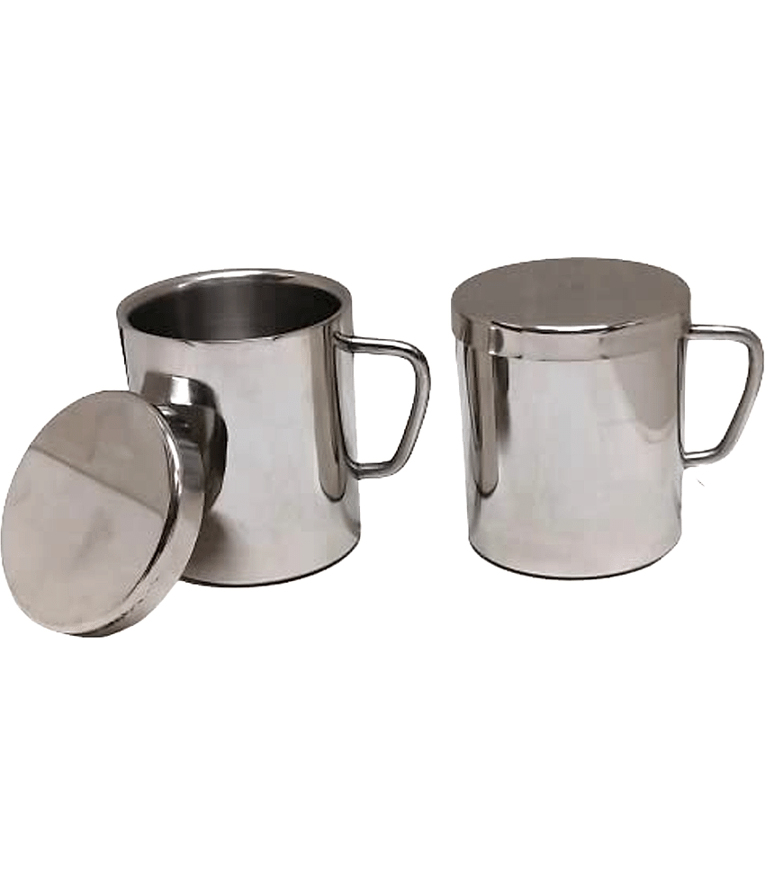 Dynore Mug with Coaster Solid Steel Coffee Mug 300 mL ( Pack of 2 )
