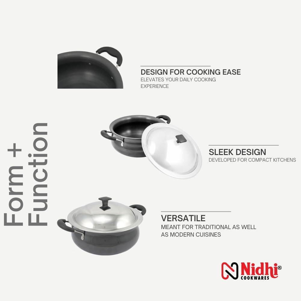 Nidhi Hard ANODISED Handi with SS LID I 3.6 LTR I 3MM (Non-Toxic, Non Reactive/Black) Thickness