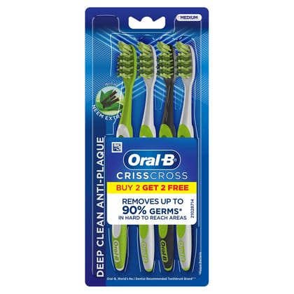Oral-B Crisscross Deep Clean Medium Bristles Toothbrush For Adults, Neem Extract Bristles, Tongue Cleaner, Multicolour Toothbrush Set, Oral-B Dentist Recommended Brand (Buy 2 Get 2 Free)