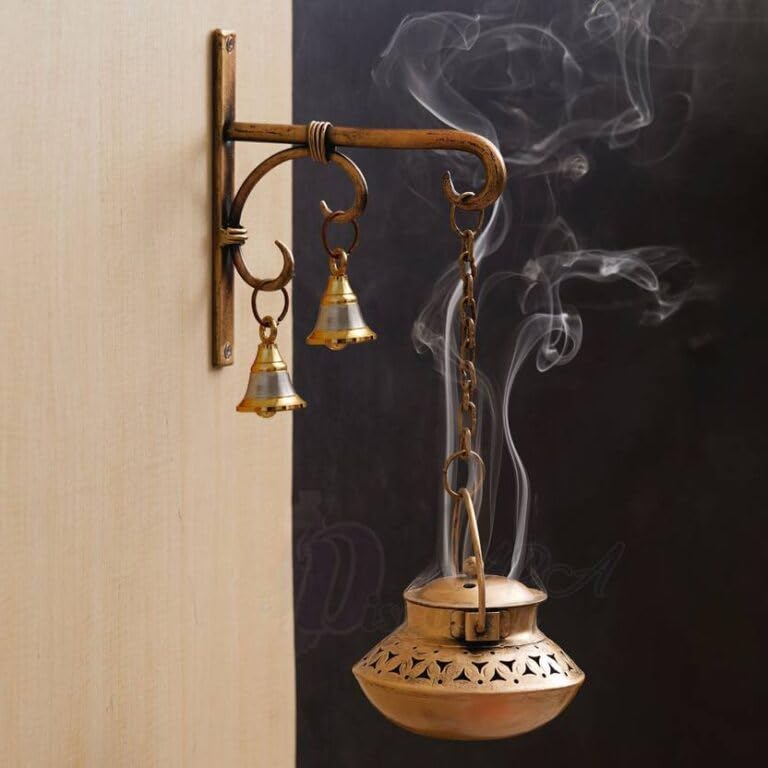 Handmade Indian Brass Wall Diya Lamp | Wall Hanging Metal T-Light Holder with Bells for Festive Decoration & Gifting
