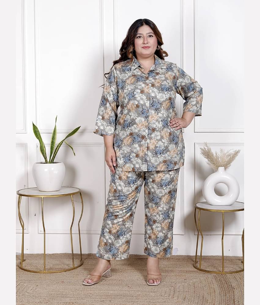 Swasti Women Printed Shirt With Trousers Co-Ord Set ( Grey )