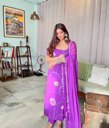 Lavender floral printed suit set with dupatta-S-36