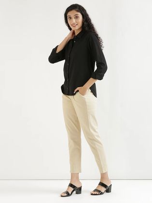 Women's Black Solid Shirt With Beige Top
