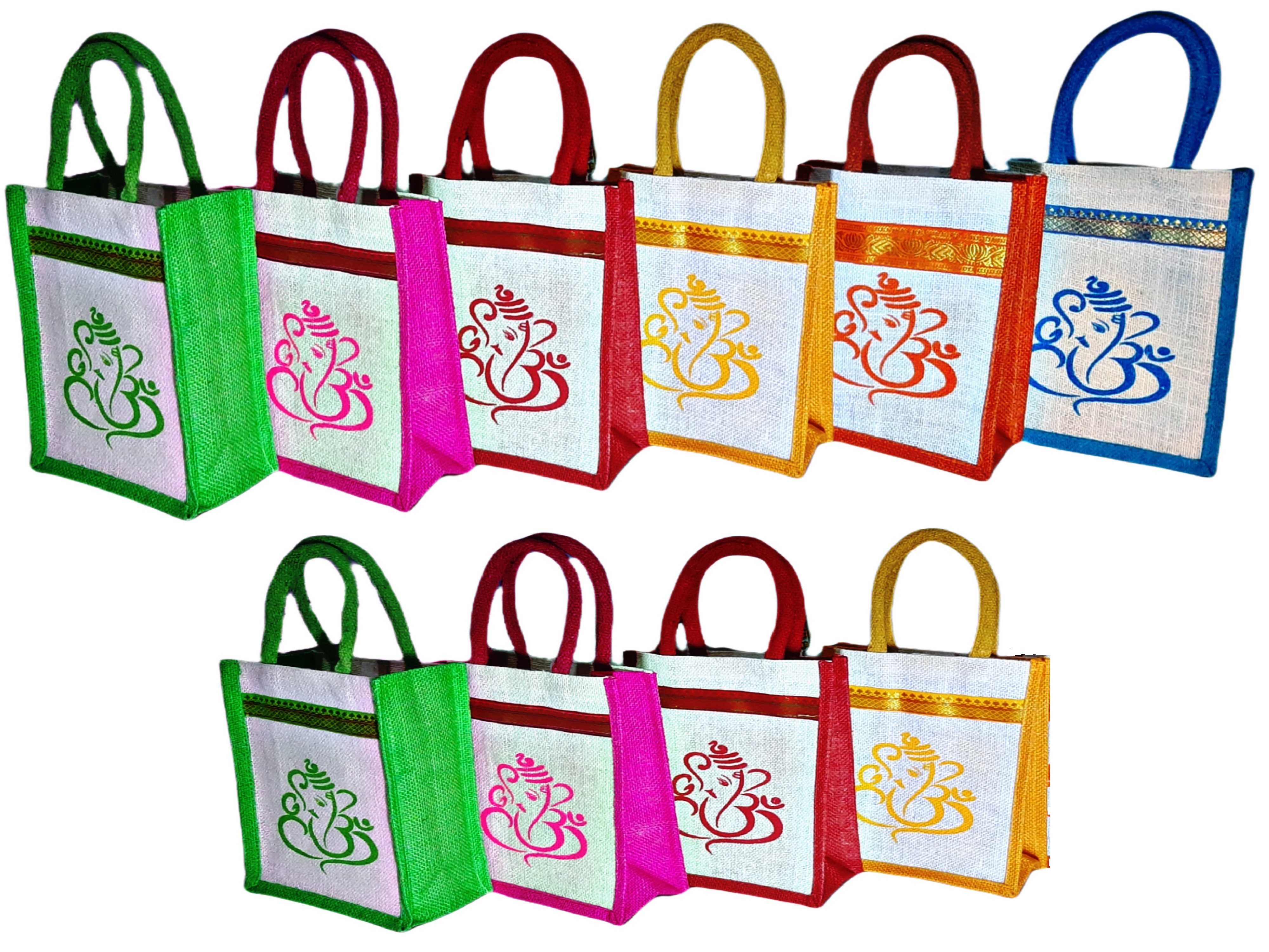 SS Eco-Life Eco-Friendly Jute Bag for Return Gift / Thamboolam Bag with Divine God Ganesh Print for Engagement, Wedding, Baby Shower, Housewarming and Pooja's like Navaratri & Varalakshmi Vratham. Multicolour.