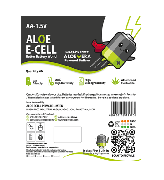 Aloe Vera Powered AA Batteries - 1.5x More Power - World's First Aloe Vera Powered Batteries Pack of 6