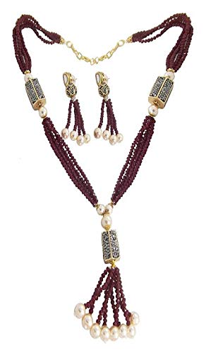 Onyx Victorian Bead Designer Fashion Necklace Set with Kundan Earring for Women and Girl Multi Layer Fashion Red Mala Jewellery