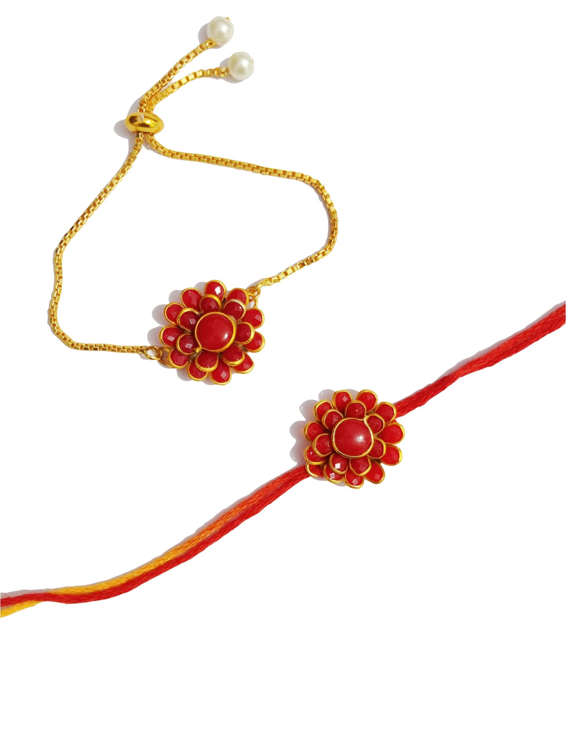 A V Fashion India - Elegant Traditional Gold Plated chain Flower Rakhi combo set of 2 Piece men's and women's rajasthani rakhi for bhaiya bhabhi