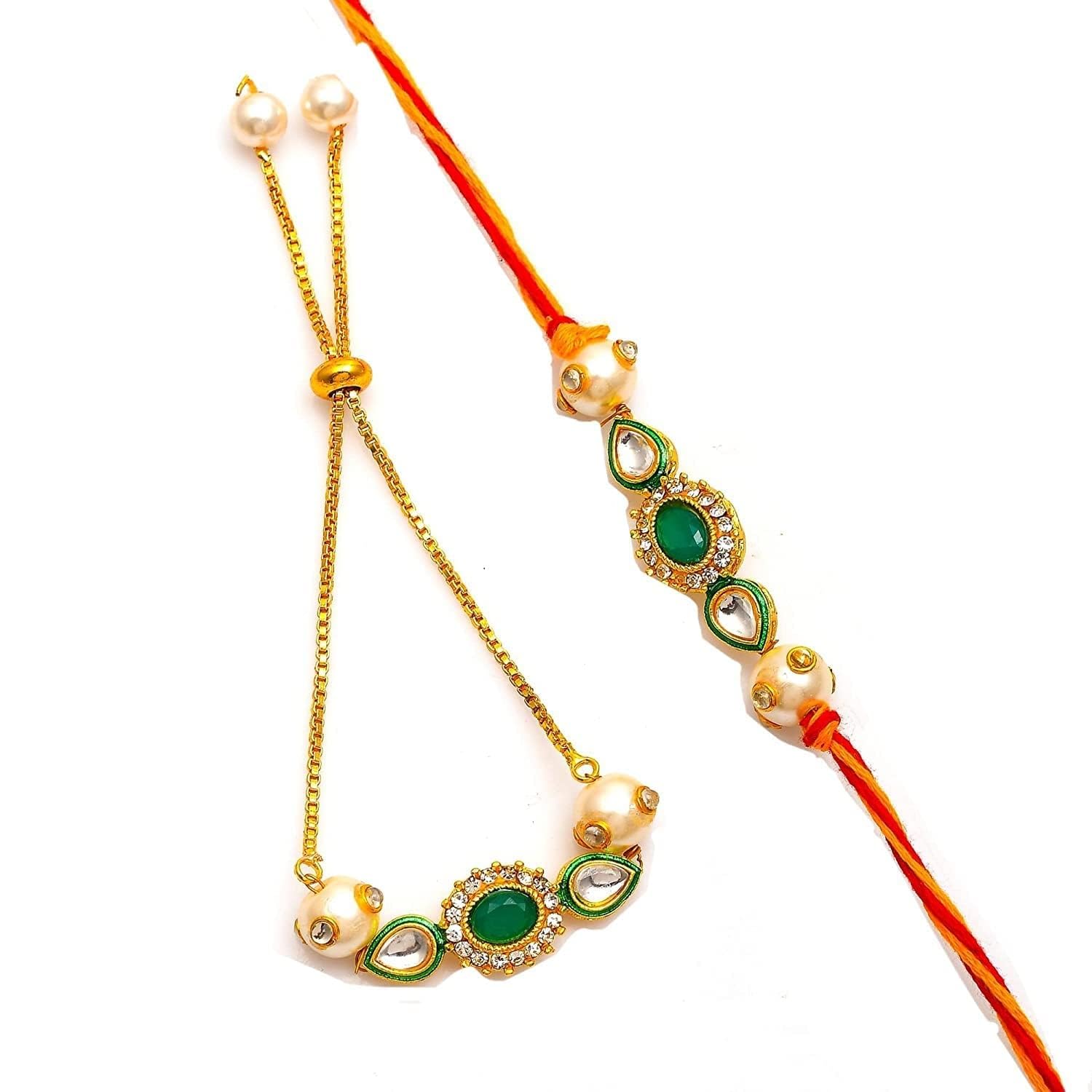AV Fashion India Elegant Traditional Gold Plated/Rakhi Combo Set for Unisex Adult/brother/sister/bhabhi Kundan Stone combo set (Green Colour)