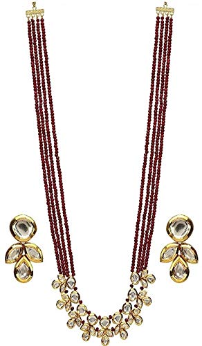 AV Fashion India - Semi Precious Gemstone Red Onyx Beads with Kundan Broch Necklace Set with Earring 4 Layer for Girl and Women Fashion Jewellery (AVB86)