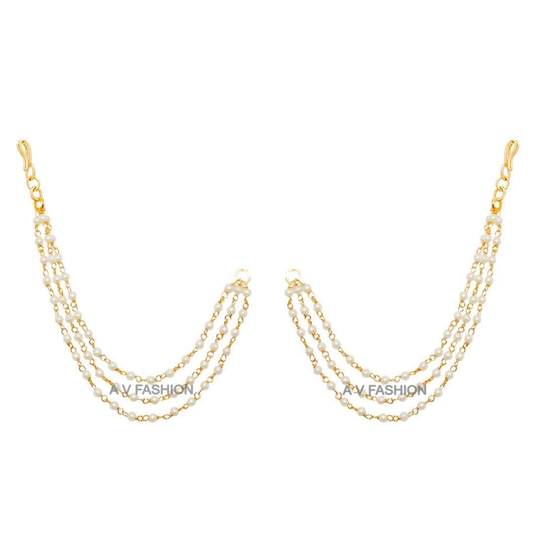 A V FASHION - Traditional Ethnic Kaan Chain White Pearl 3 line Earchain Long Earring Support Chain For Bridal Wedding jewellery for Women & Girls Pack of 1 Pair