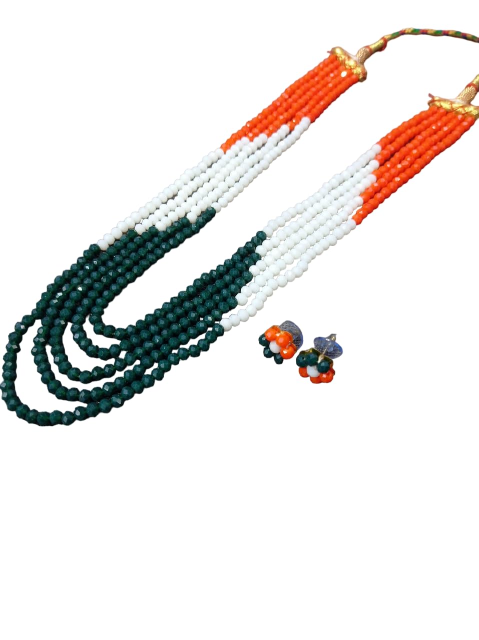 A V FASHION India - Traditional Tricolour Green/White/Orange Multi Strand 5 Layered Crystal Necklace Set for Women and Girls Fashion Jewellery (Same as shown in image)
