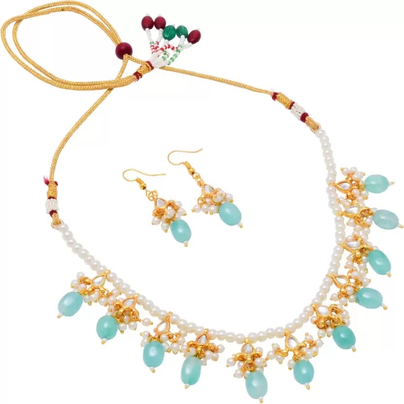 A V FASHION - AQUA BLUE ONYX SEMI PRECIOUS GEMSTONE WITH PEARL BEADS AND KUNDAN 1 LAYER NECKLACE SET TRADITIONAL 16" LONG WEDDING MALA FOR WOMEN AND GIRL FASHION JEWELLERY
