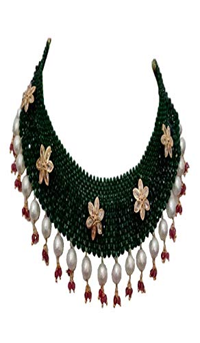 AV Fashion India - Semi Precious Gemstone Green Hydro Multi Layer Choker with Flower Brooch Necklace Chick mala for Women and Girl Fashion Jewellery (AV_ HYDRO9)