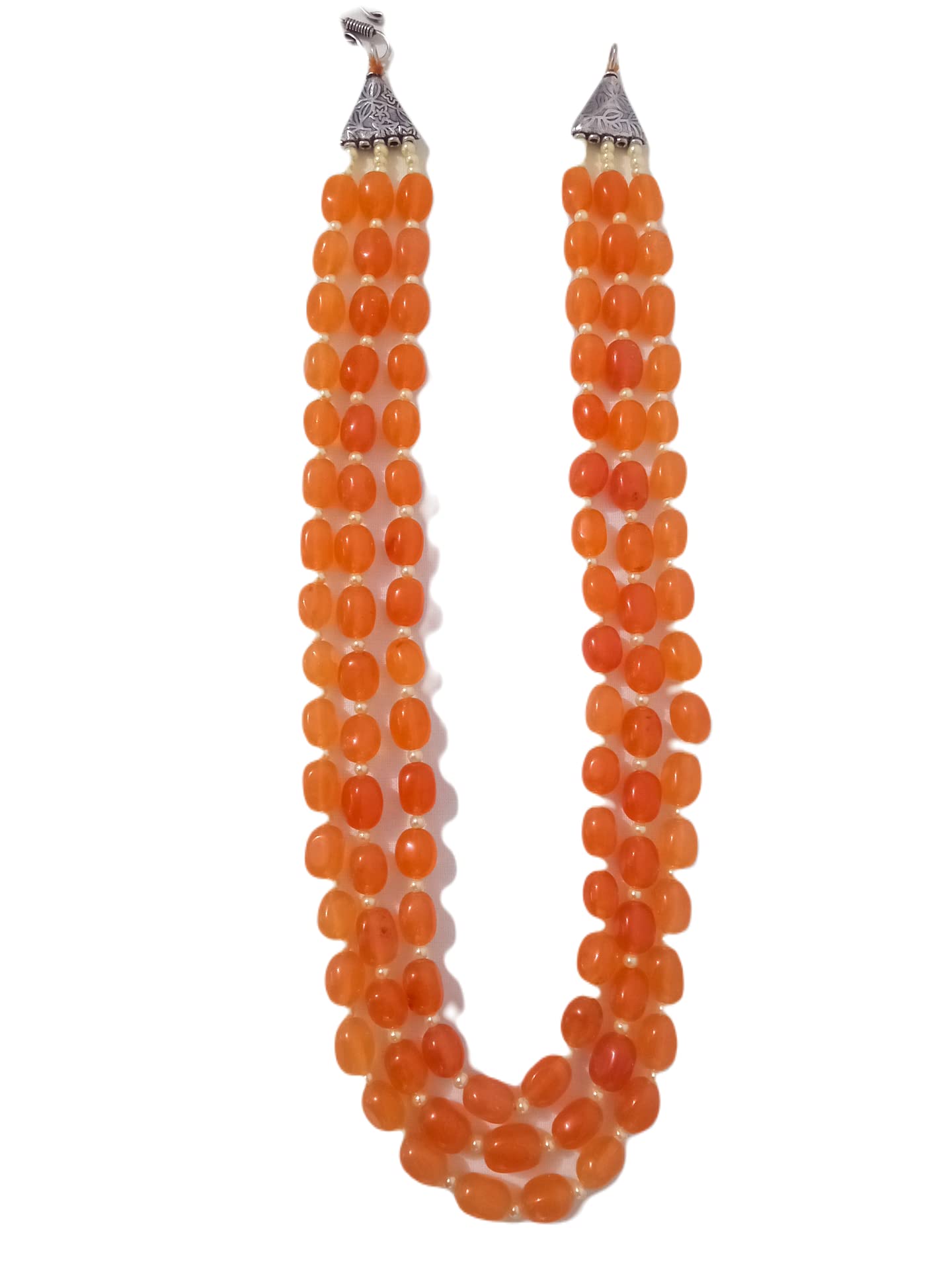 A V Fashion - Semi Precious Onyx Gemstone Necklace 3 Layer 16 inch Long with Pearl Multi Layer Orange Color Mala for Girl and Women Fashion Jewellery