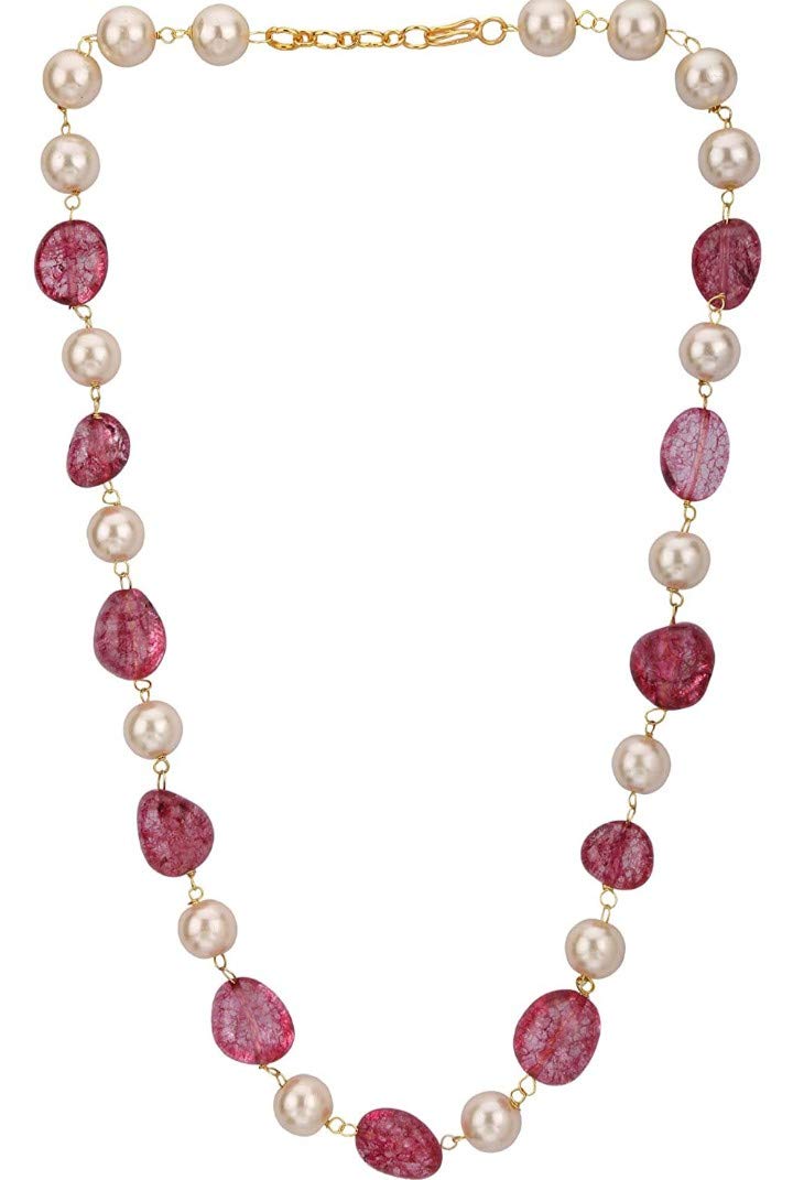 AV Fashion India - Non-Precious Metal Pearl Bead and Pink Tourmaline Gemstone Tumble Necklace for Women and Girls Fashion Jewellery