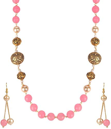 AV Fashion India - Semi Precious Gemstone Onyx Beads With Metal Ball Necklace Single Layer Beaded with Earring Pink Mala For Girl and Women Fashion Jewellery