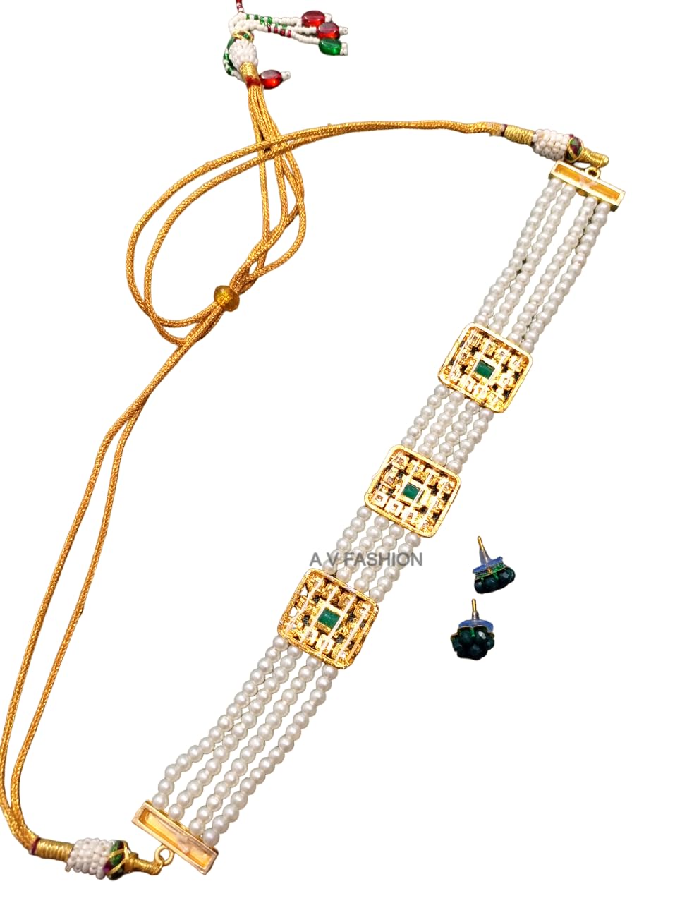 A V FASHION INDIA - Choker Traditional Crystal & Pearl Artificial Zarkan Earring Necklace Set Fancy Designer Jaipuri 4 Layer Choker Set for Women and Girl Green Colour
