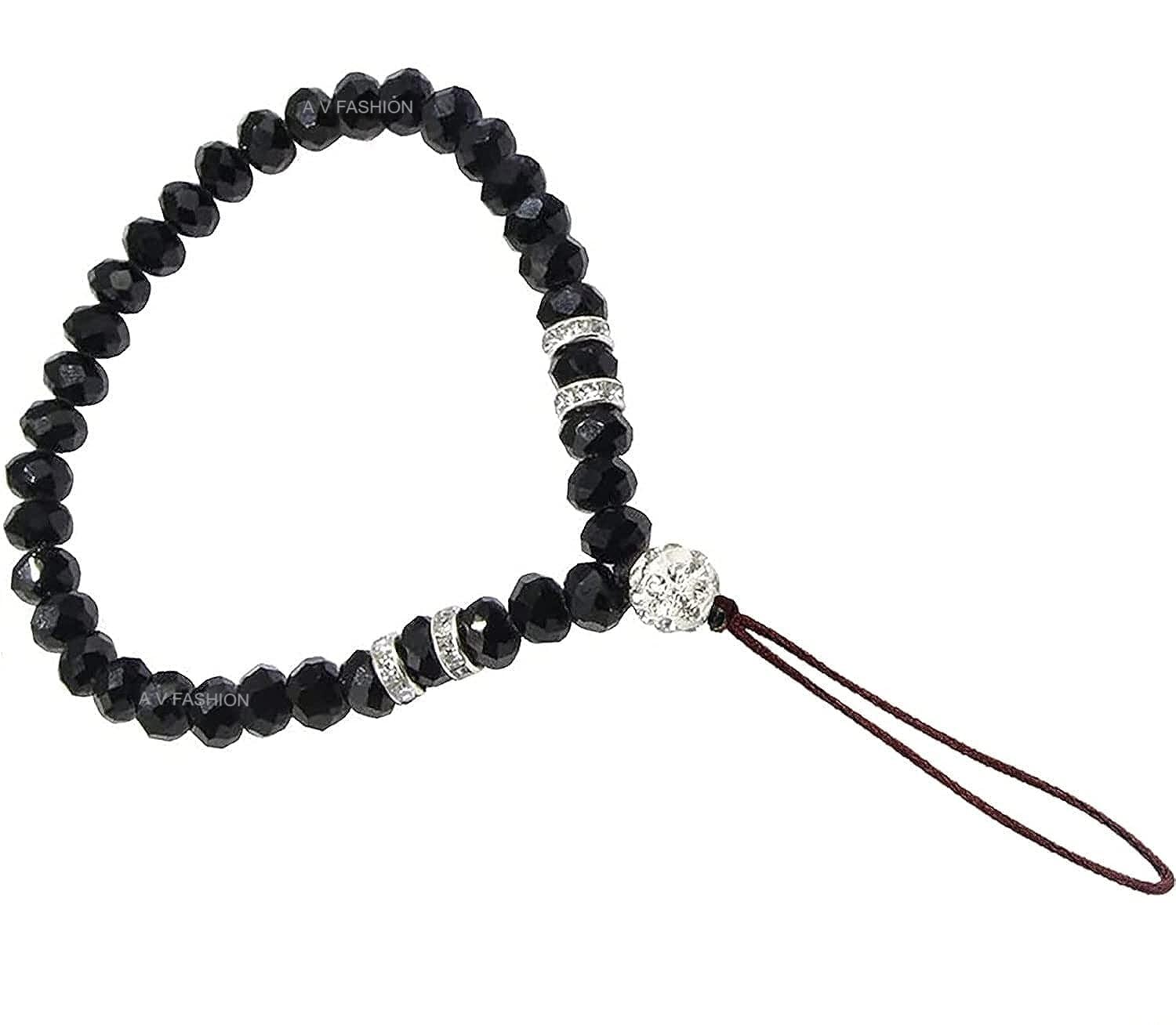 A V FASHION - Beaded Cell Phone Lanyard Short Hand Wrist Lanyard Strap Crystal Beads Mobile Phone Chain for Girl Women Men Cell Phone (Black Color)